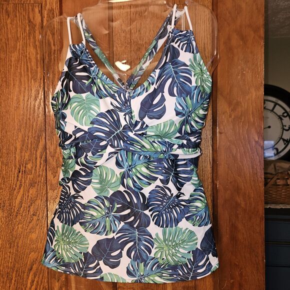 Ekouaer Palm Leaves Tankini Top  Size Medium  NWT Tropical Swimwear Blue Green - Picture 1 of 7